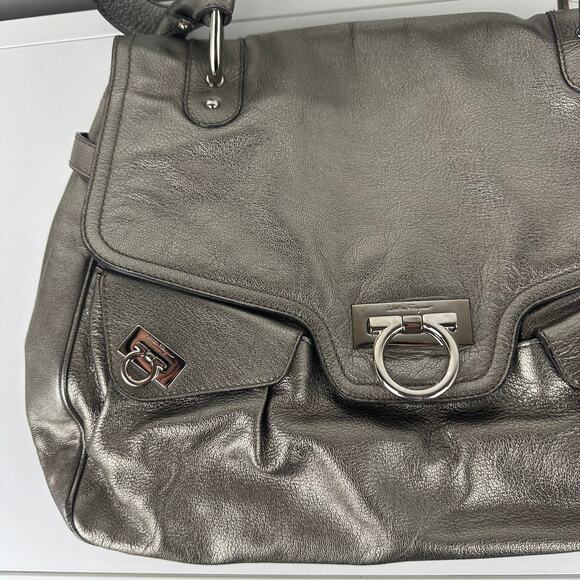 Salvatore Ferragamo Authentic Womens Bronze Leather Lock Closure Shoulder Bag - Picture 3 of 9